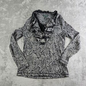 LRL Lauren Jeans Co RL Black‎ White Paisley Ruffled V Neck Long Sleeve Boho